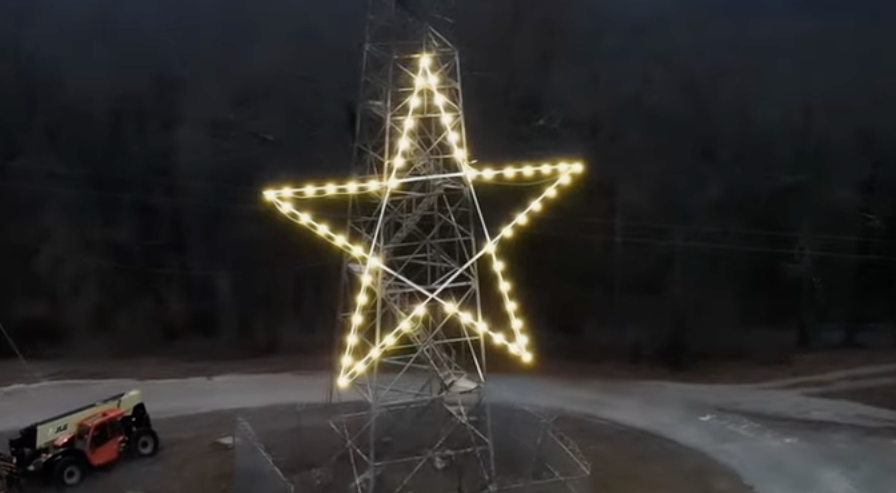Mt. Roosevelt Fire Tower lit as a large star at night